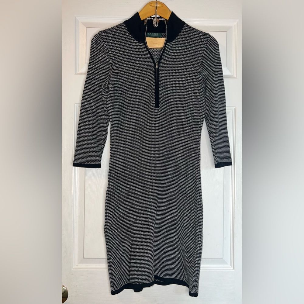 Lauren Ralph Lauren Zip Front Black lined 3/4 Sleeve Sweater Dress Medium EUC